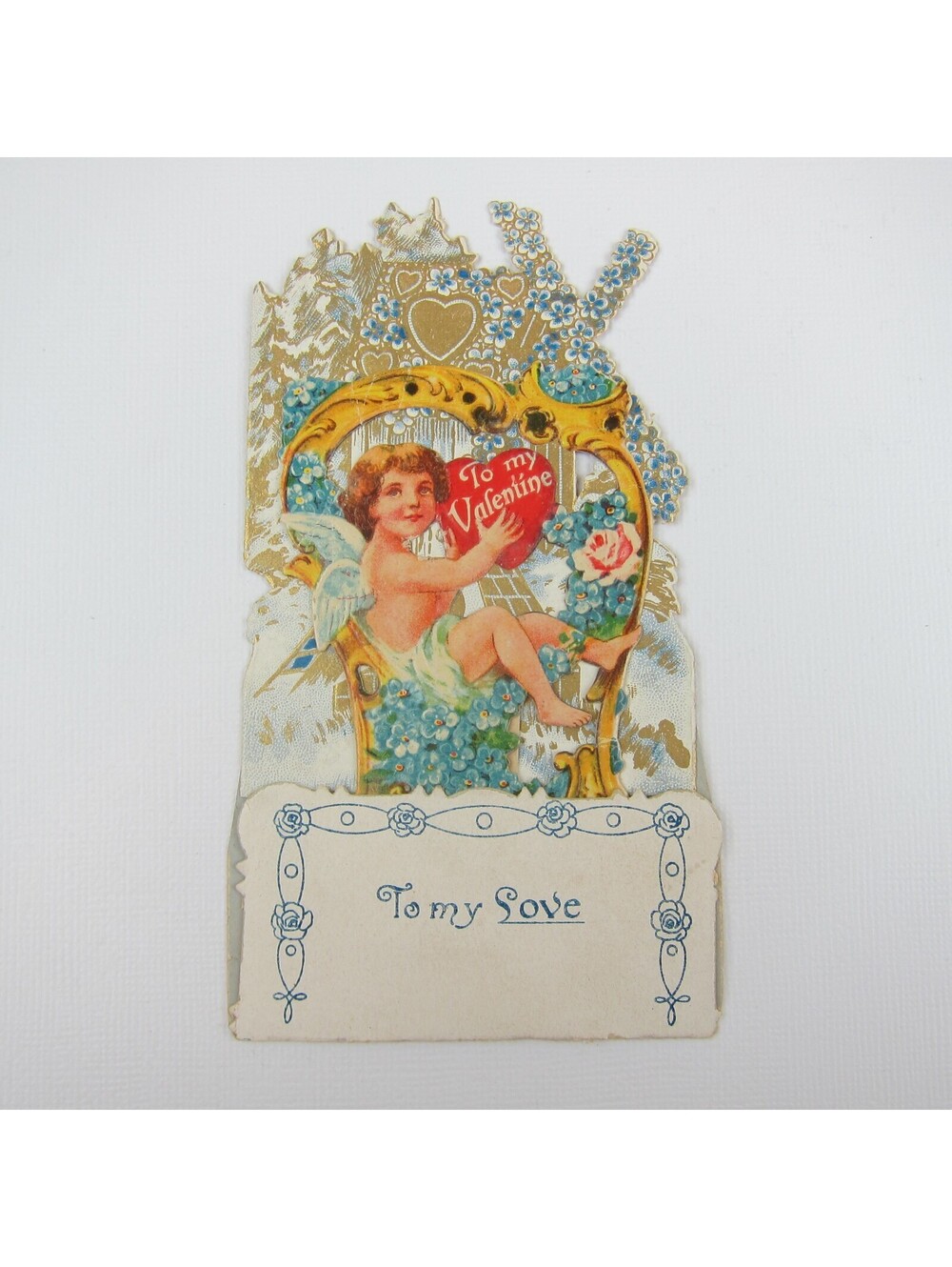 Vintage Valentine 3D Pop Up Die Cut Blonde Boy Angel Cupid Gold Harp Blue Flower